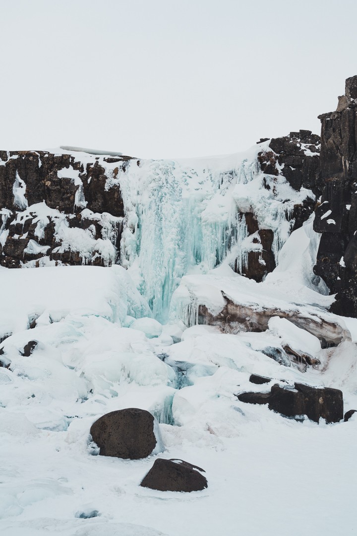 Oxararfoss frozen waterfall in Iceland